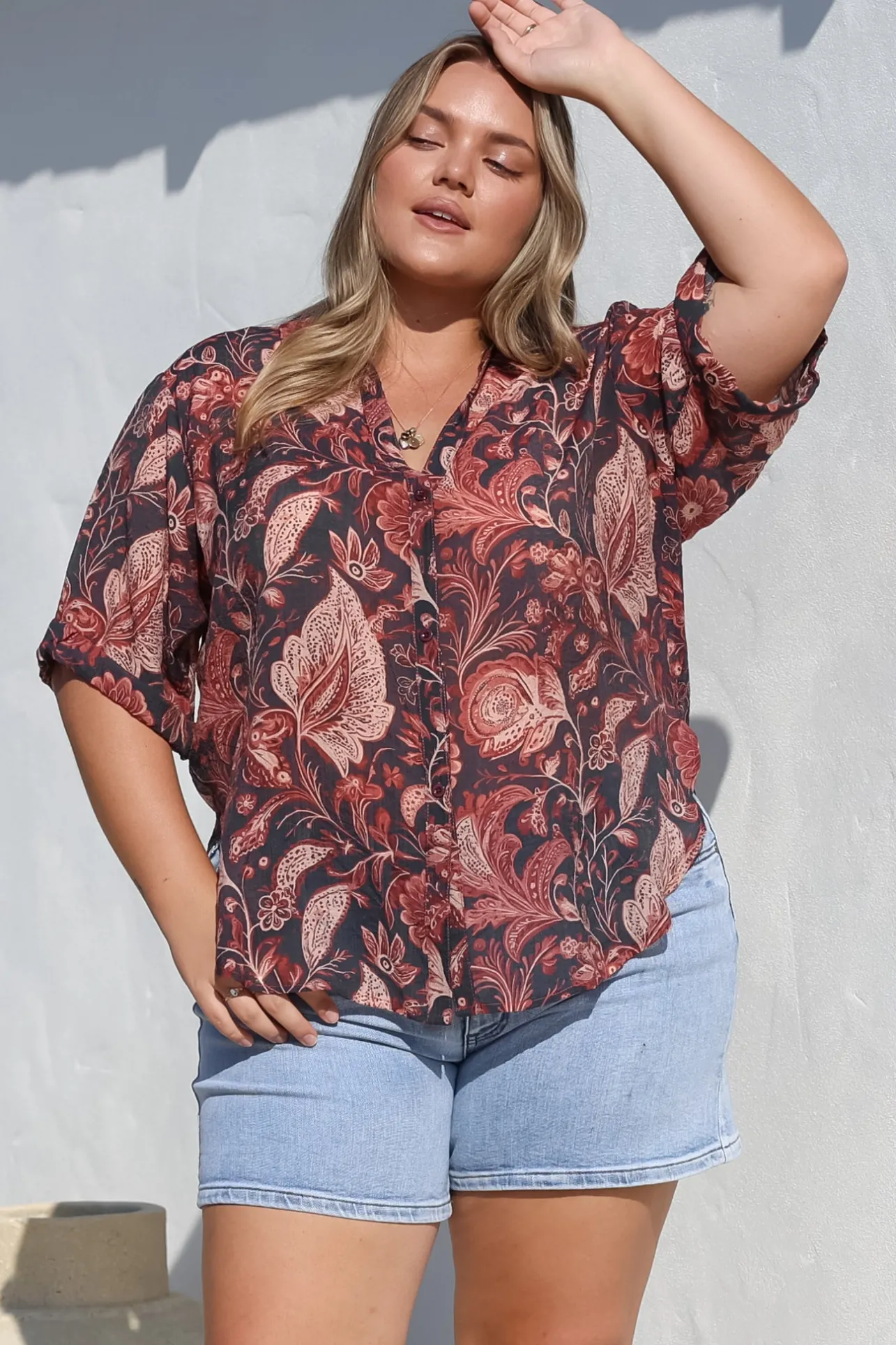 Shelly Shirt - Collared Button Down Shirt in Narah Print>Salty Crush Best