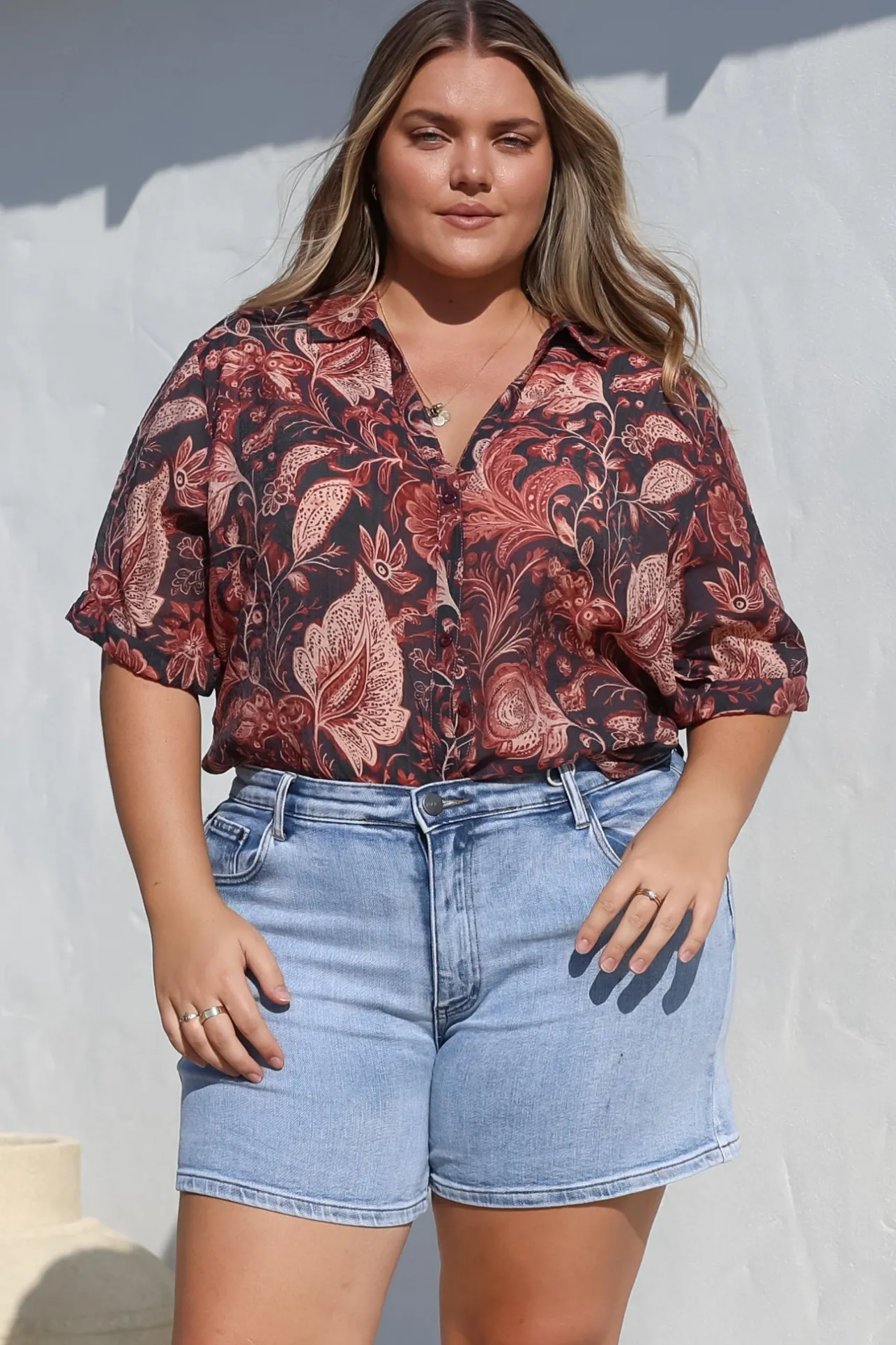 Shelly Shirt - Collared Button Down Shirt in Narah Print>Salty Crush Best