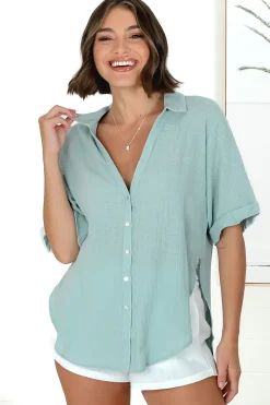 Shelly Shirt - Linen Collared Button Down Shirt in Sky Blue>Salty Crush Best
