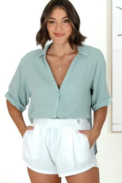 Shelly Shirt - Linen Collared Button Down Shirt in Sky Blue><noscript><img width=