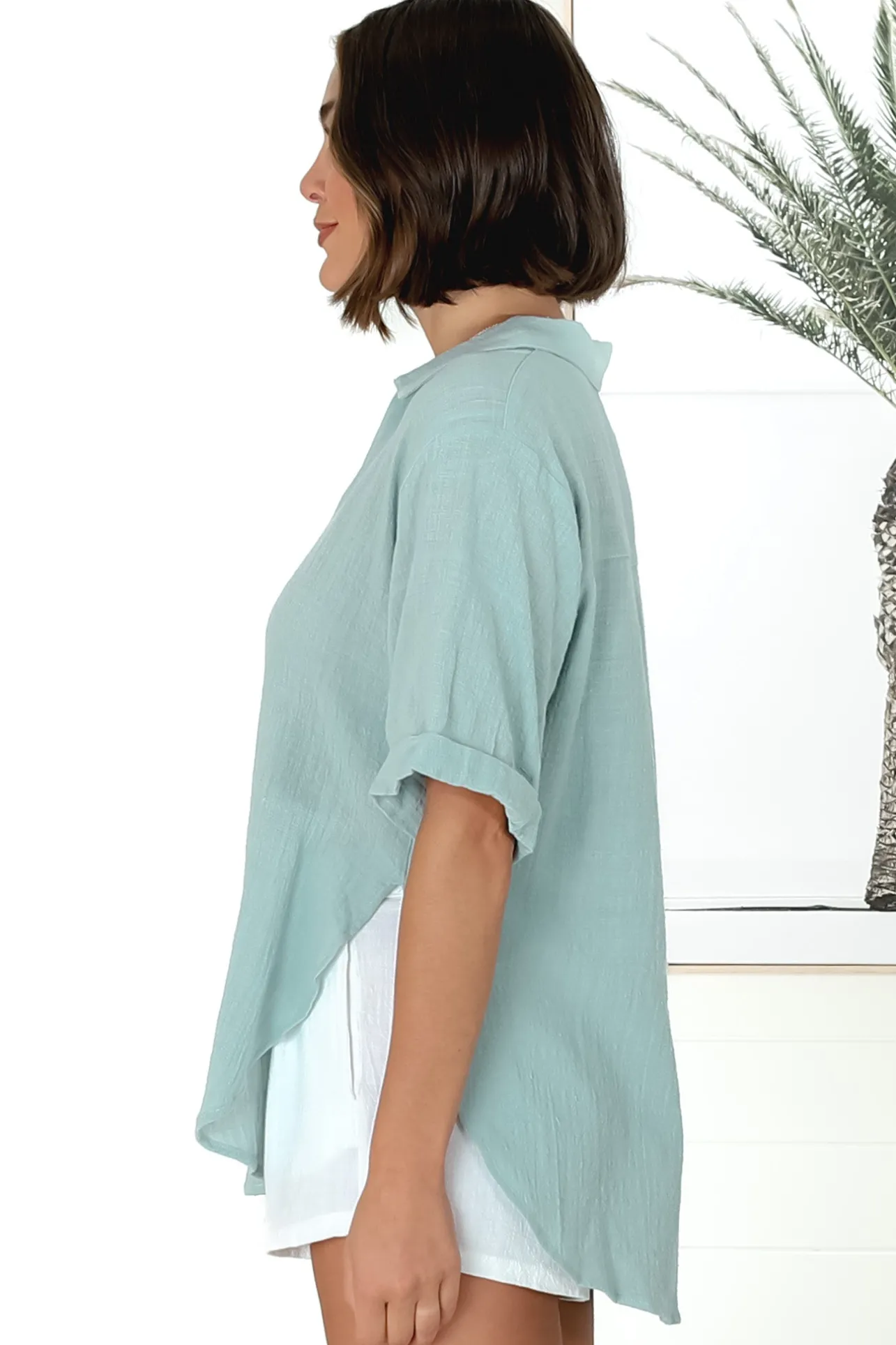 Shelly Shirt - Linen Collared Button Down Shirt in Sky Blue>Salty Crush Best