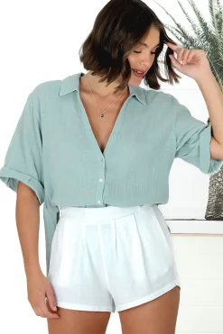 Shelly Shirt - Linen Collared Button Down Shirt in Sky Blue><noscript><img width=