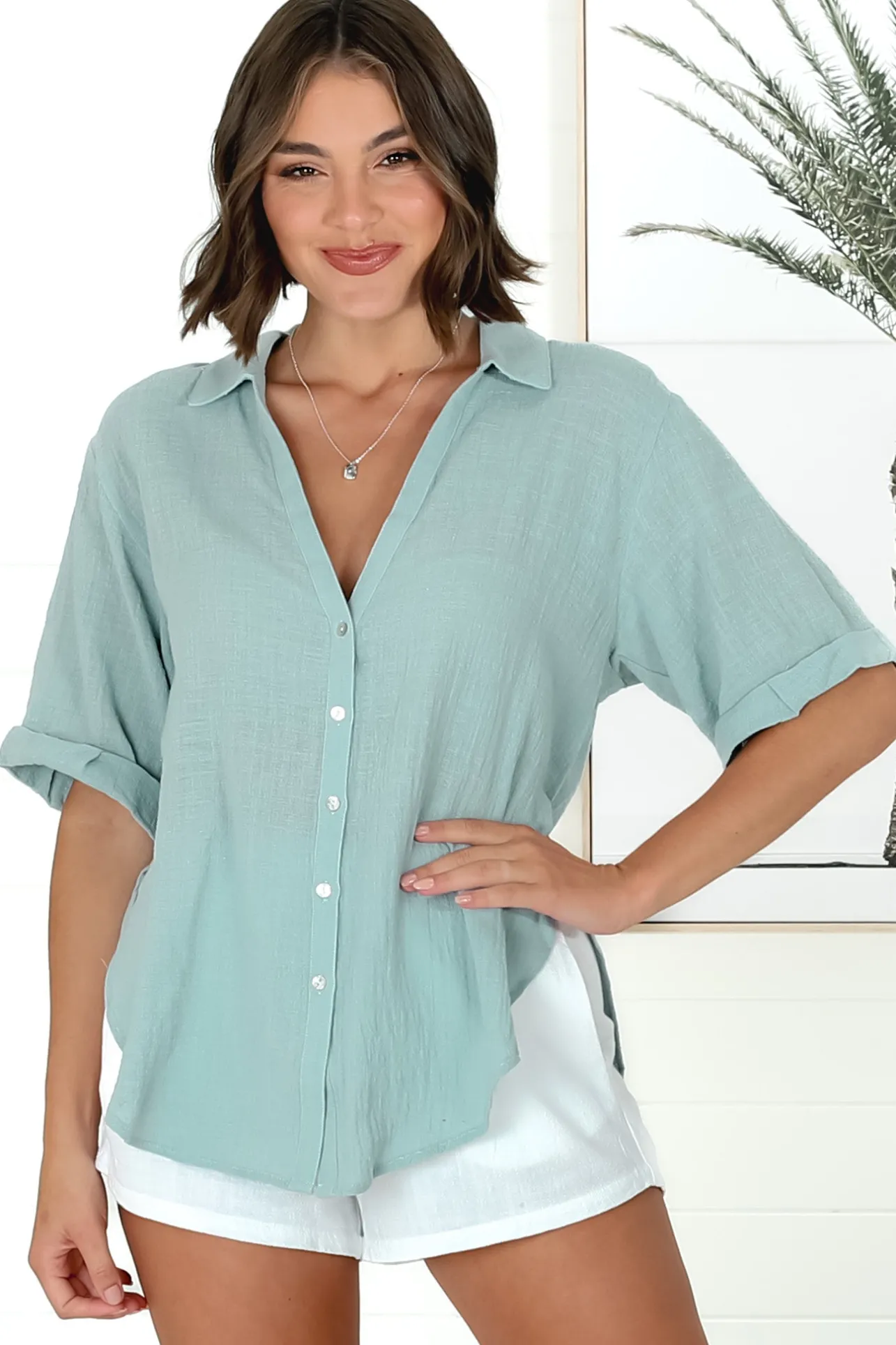 Shelly Shirt - Linen Collared Button Down Shirt in Sky Blue>Salty Crush Best