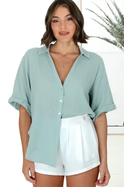 Shelly Shirt - Linen Collared Button Down Shirt in Sky Blue><noscript><img width=