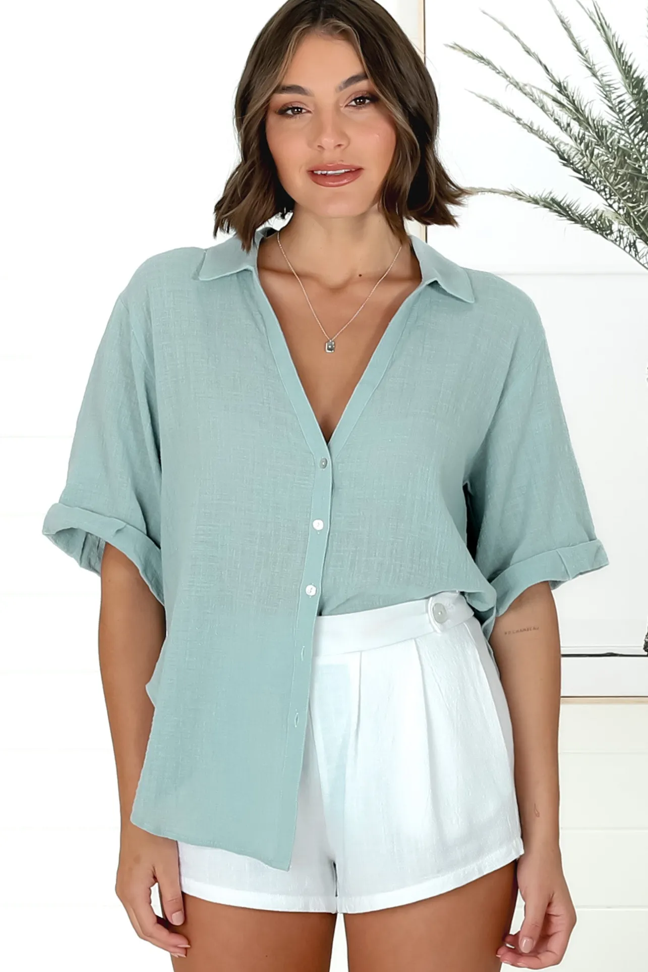 Shelly Shirt - Linen Collared Button Down Shirt in Sky Blue>Salty Crush Best