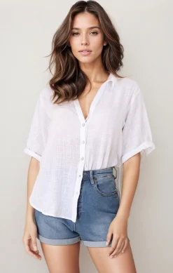 Shelly Shirt - Linen Collared Button Down Shirt in White><noscript><img width=