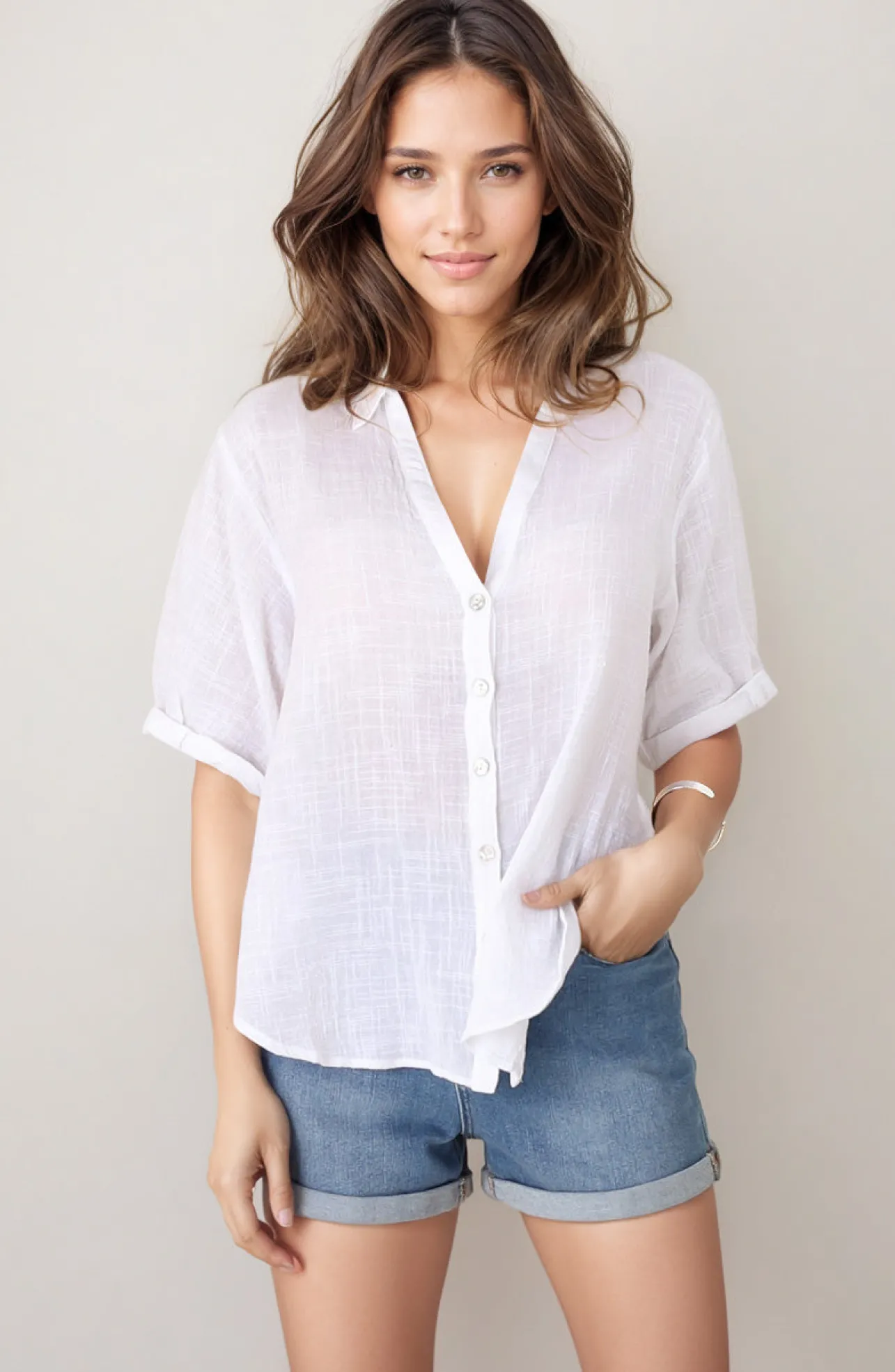 Shelly Shirt - Linen Collared Button Down Shirt in White>Salty Crush Clearance