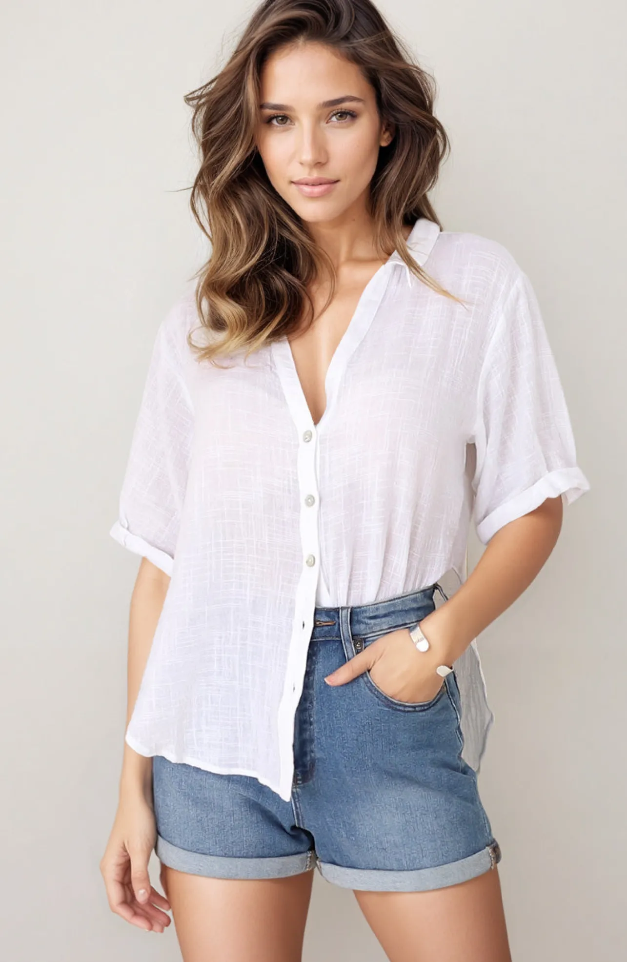 Shelly Shirt - Linen Collared Button Down Shirt in White>Salty Crush Clearance