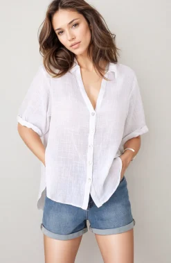 Shelly Shirt - Linen Collared Button Down Shirt in White><noscript><img width=