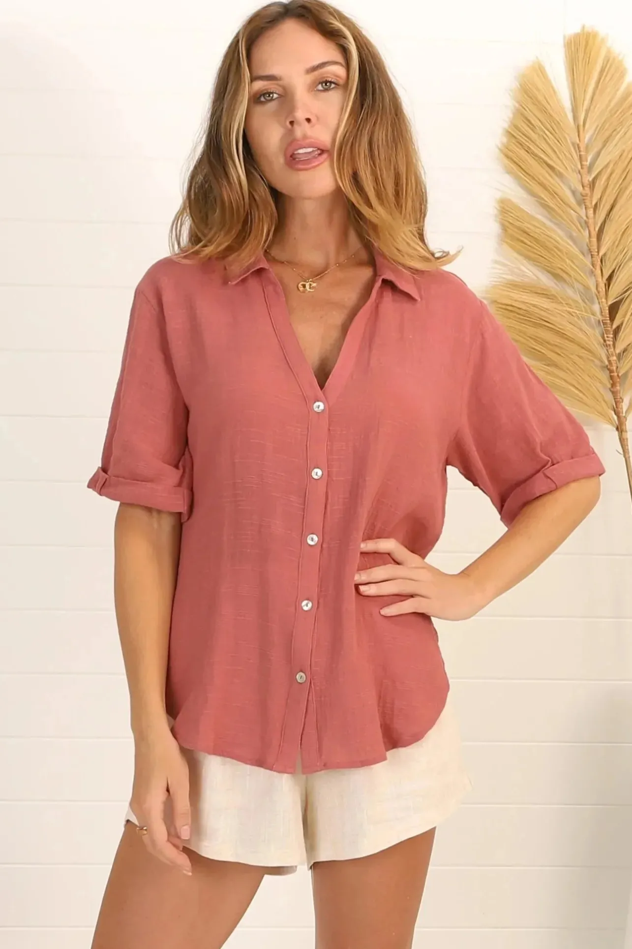 Shelly Shirt - Linen Collared Button Down Shirt in Guava>Salty Crush Outlet