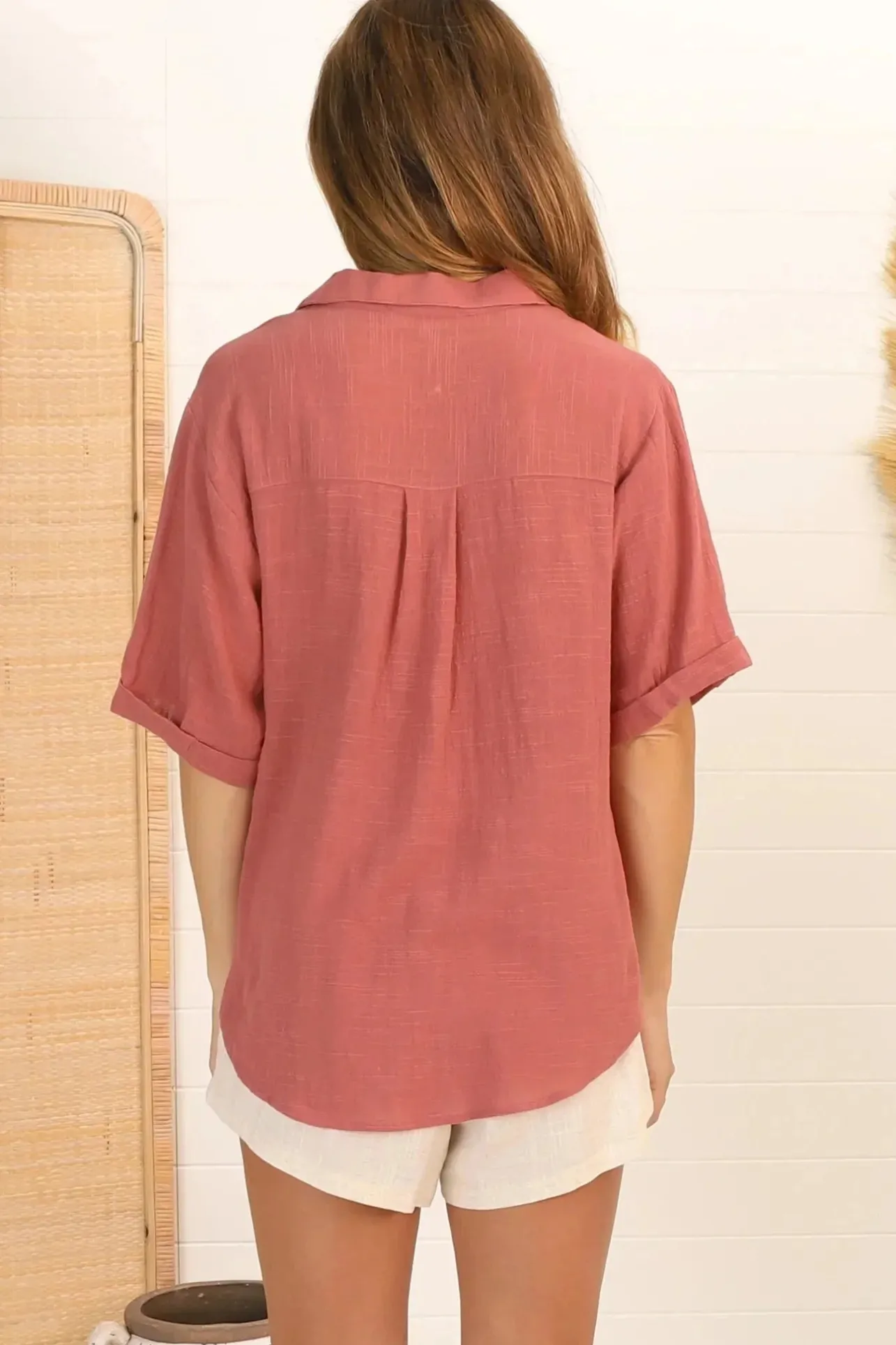 Shelly Shirt - Linen Collared Button Down Shirt in Guava>Salty Crush Outlet