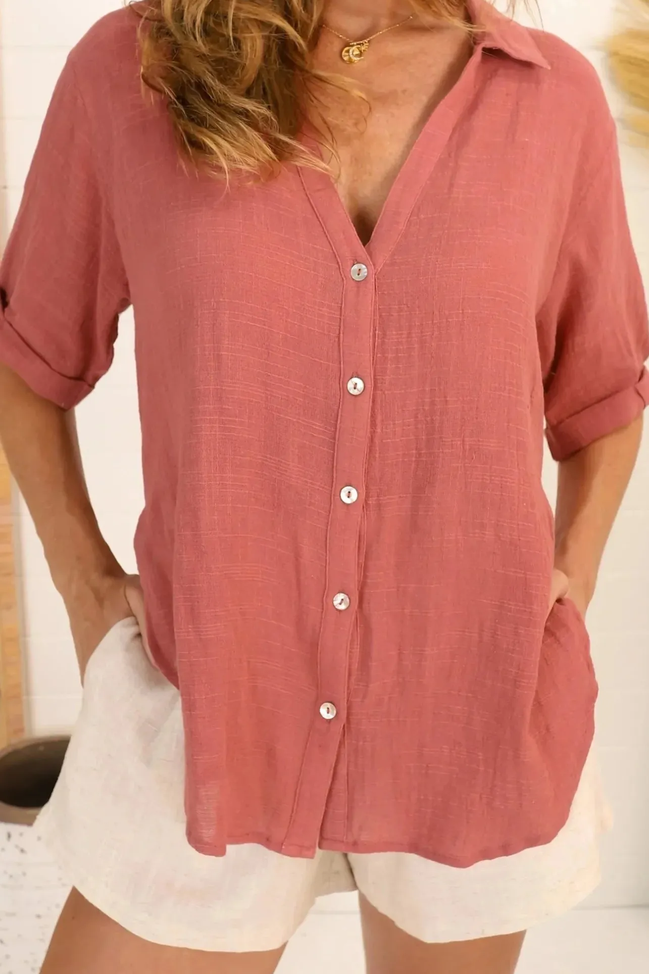 Shelly Shirt - Linen Collared Button Down Shirt in Guava>Salty Crush Outlet