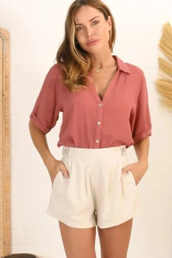 Shelly Shirt - Linen Collared Button Down Shirt in Guava><noscript><img width=
