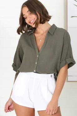 Shelly Shirt - Linen Collared Button Down Shirt in Military Green>Salty Crush New
