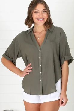 Shelly Shirt - Linen Collared Button Down Shirt in Military Green><noscript><img width=
