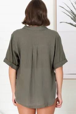 Shelly Shirt - Linen Collared Button Down Shirt in Military Green><noscript><img width=