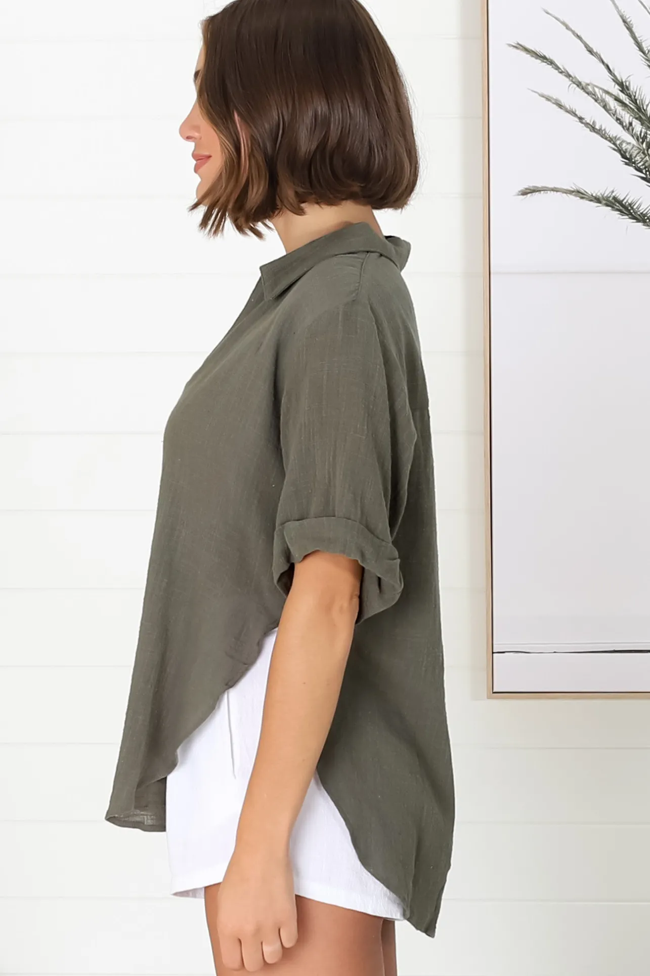 Shelly Shirt - Linen Collared Button Down Shirt in Military Green>Salty Crush New