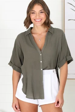 Shelly Shirt - Linen Collared Button Down Shirt in Military Green><noscript><img width=