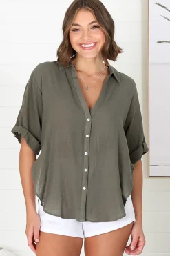 Shelly Shirt - Linen Collared Button Down Shirt in Military Green><noscript><img width=