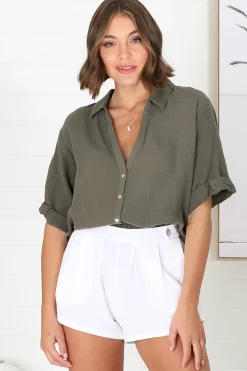 Shelly Shirt - Linen Collared Button Down Shirt in Military Green><noscript><img width=