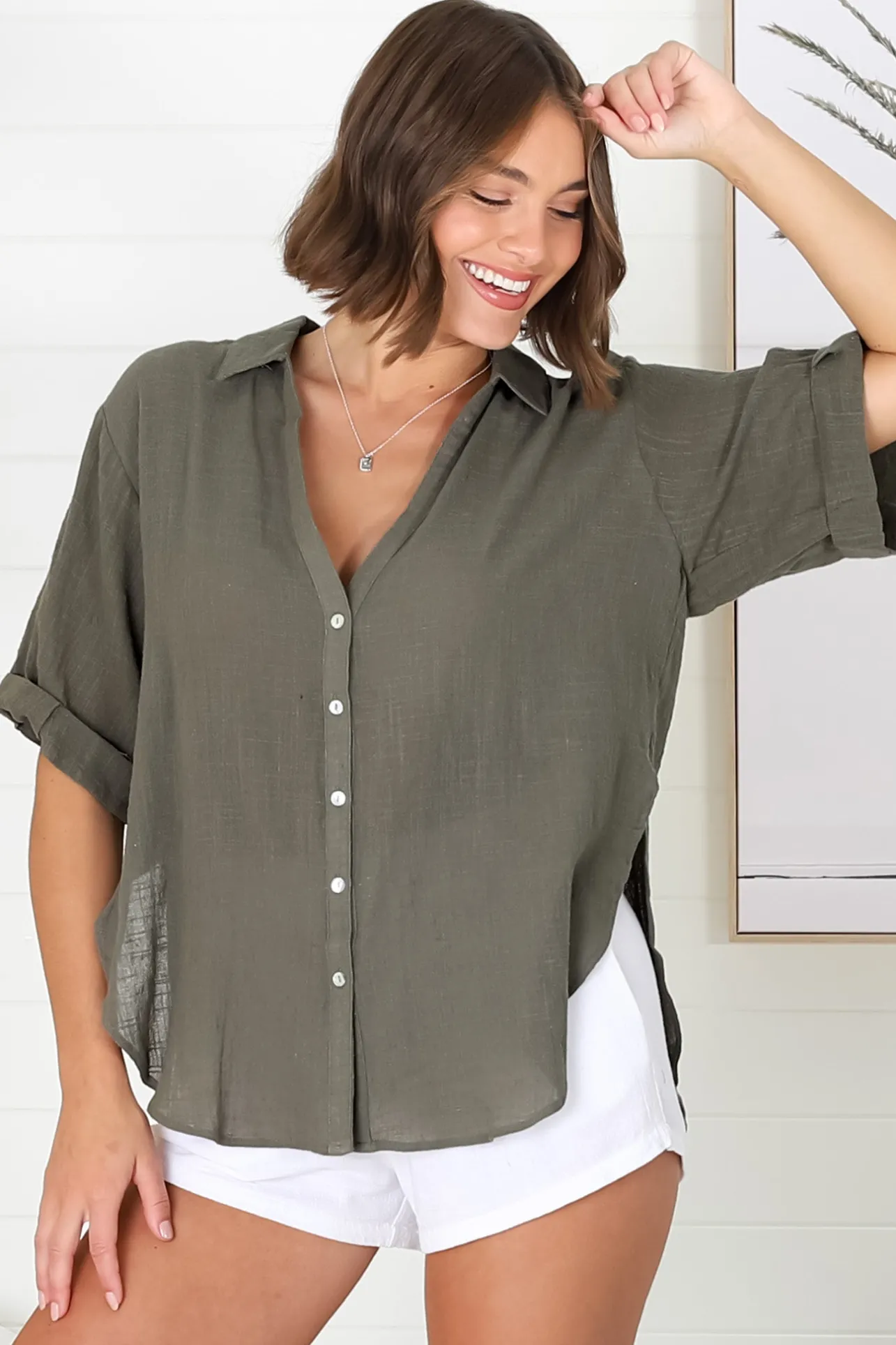 Shelly Shirt - Linen Collared Button Down Shirt in Military Green>Salty Crush New