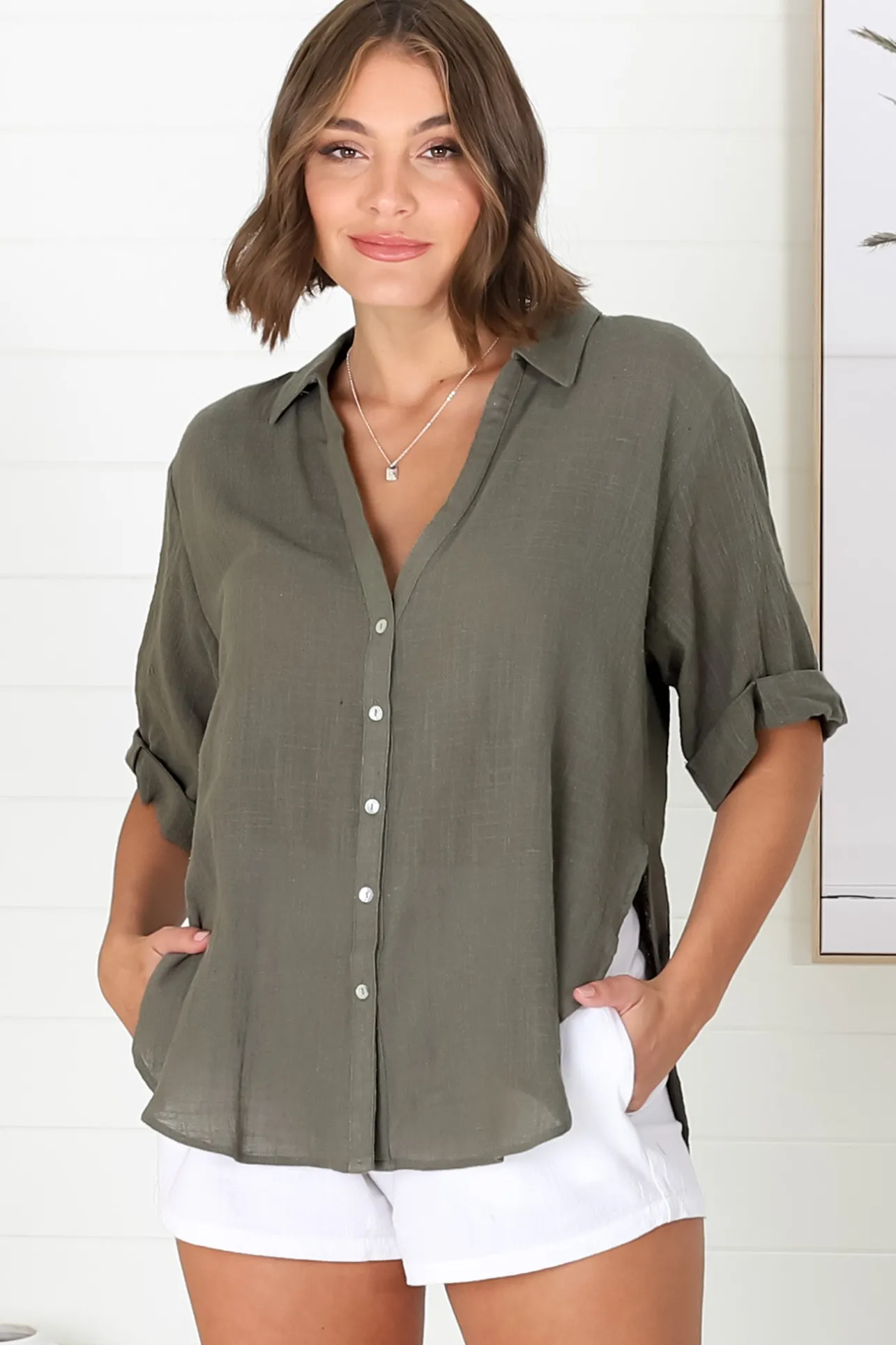 Shelly Shirt - Linen Collared Button Down Shirt in Military Green>Salty Crush New