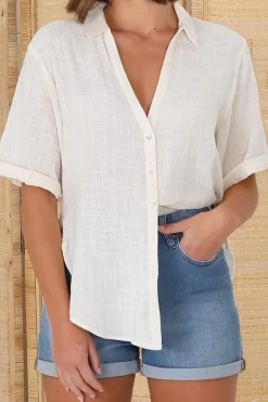 Shelly Shirt - Linen Collared Button Down Shirt in Cream>Salty Crush Clearance