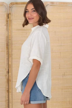 Shelly Shirt - Linen Collared Button Down Shirt in Cream><noscript><img width=