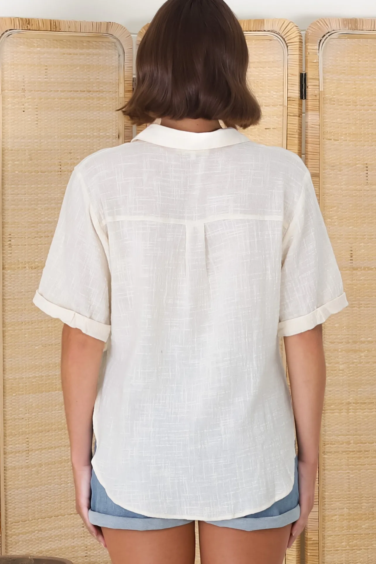 Shelly Shirt - Linen Collared Button Down Shirt in Cream>Salty Crush Clearance
