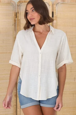 Shelly Shirt - Linen Collared Button Down Shirt in Cream><noscript><img width=