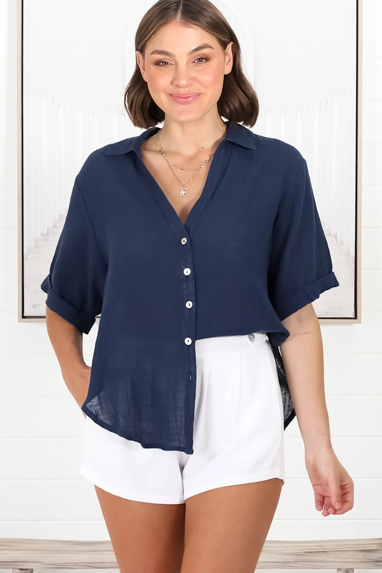 Shelly Shirt - Linen Collared Button Down Shirt in Navy>Salty Crush Online
