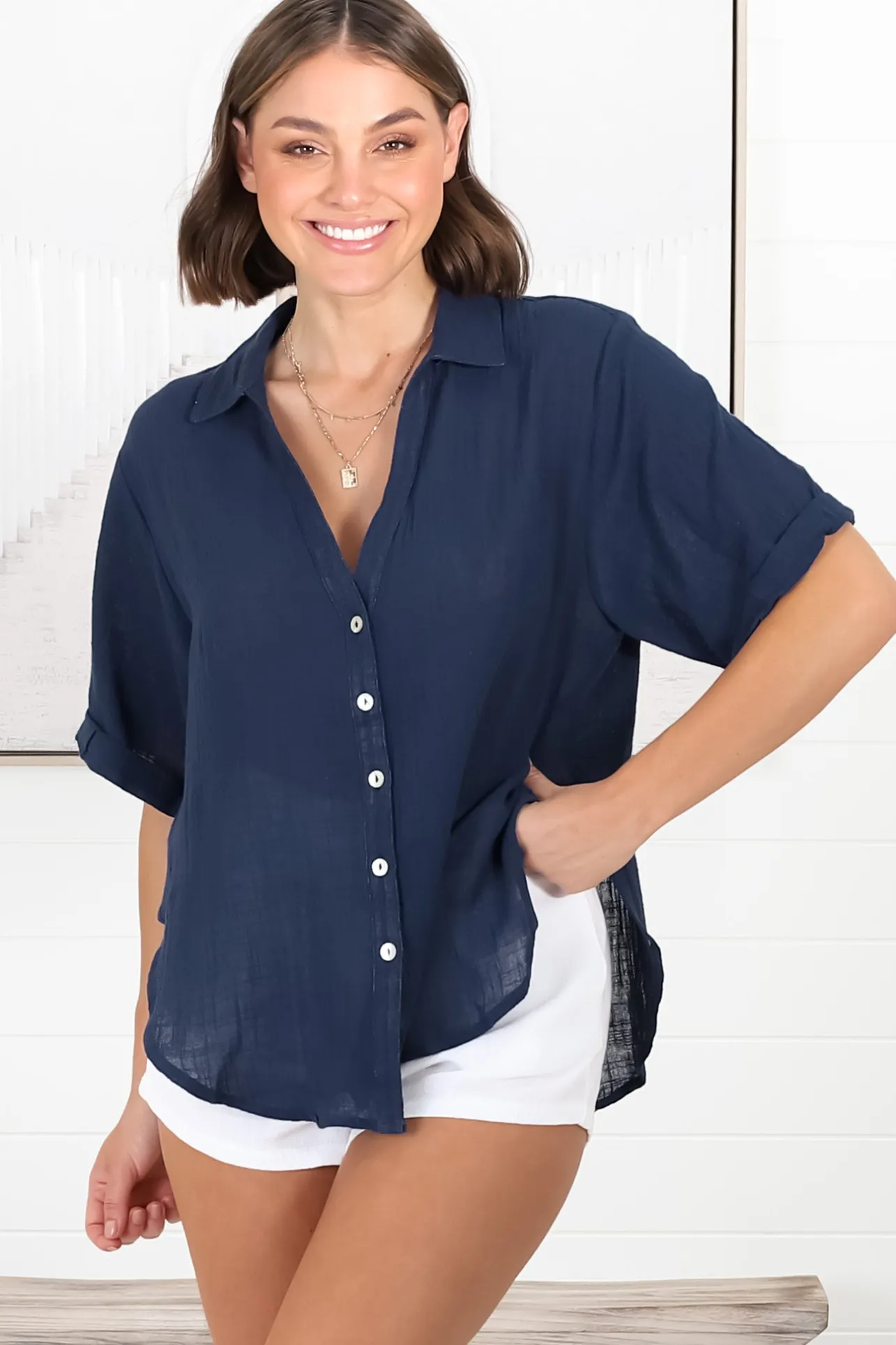 Shelly Shirt - Linen Collared Button Down Shirt in Navy>Salty Crush Online