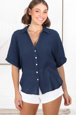 Shelly Shirt - Linen Collared Button Down Shirt in Navy><noscript><img width=
