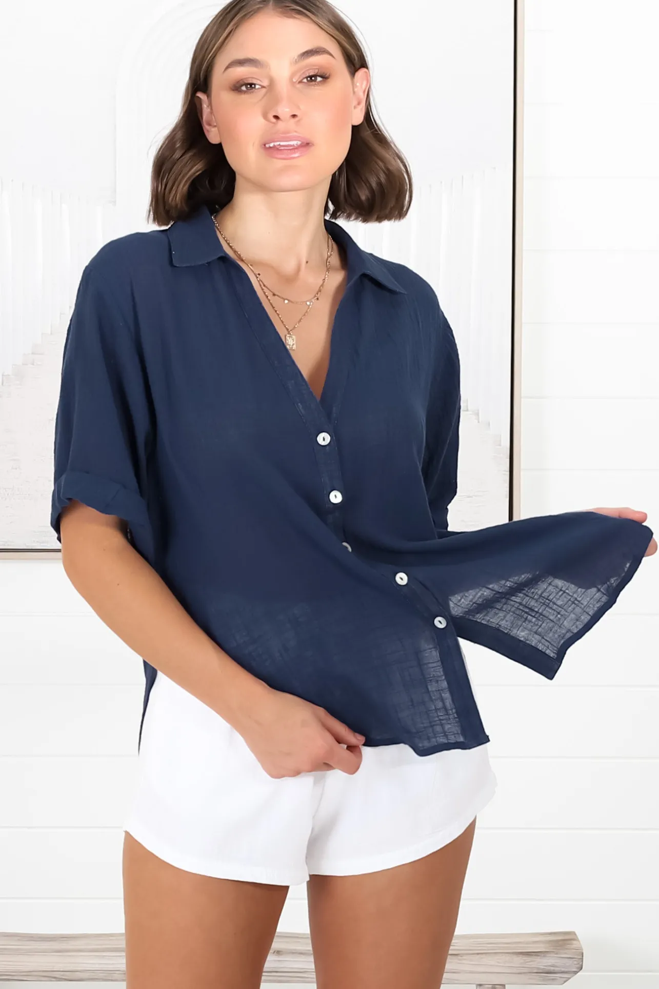 Shelly Shirt - Linen Collared Button Down Shirt in Navy>Salty Crush Online