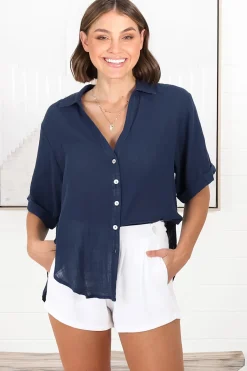 Shelly Shirt - Linen Collared Button Down Shirt in Navy><noscript><img width=