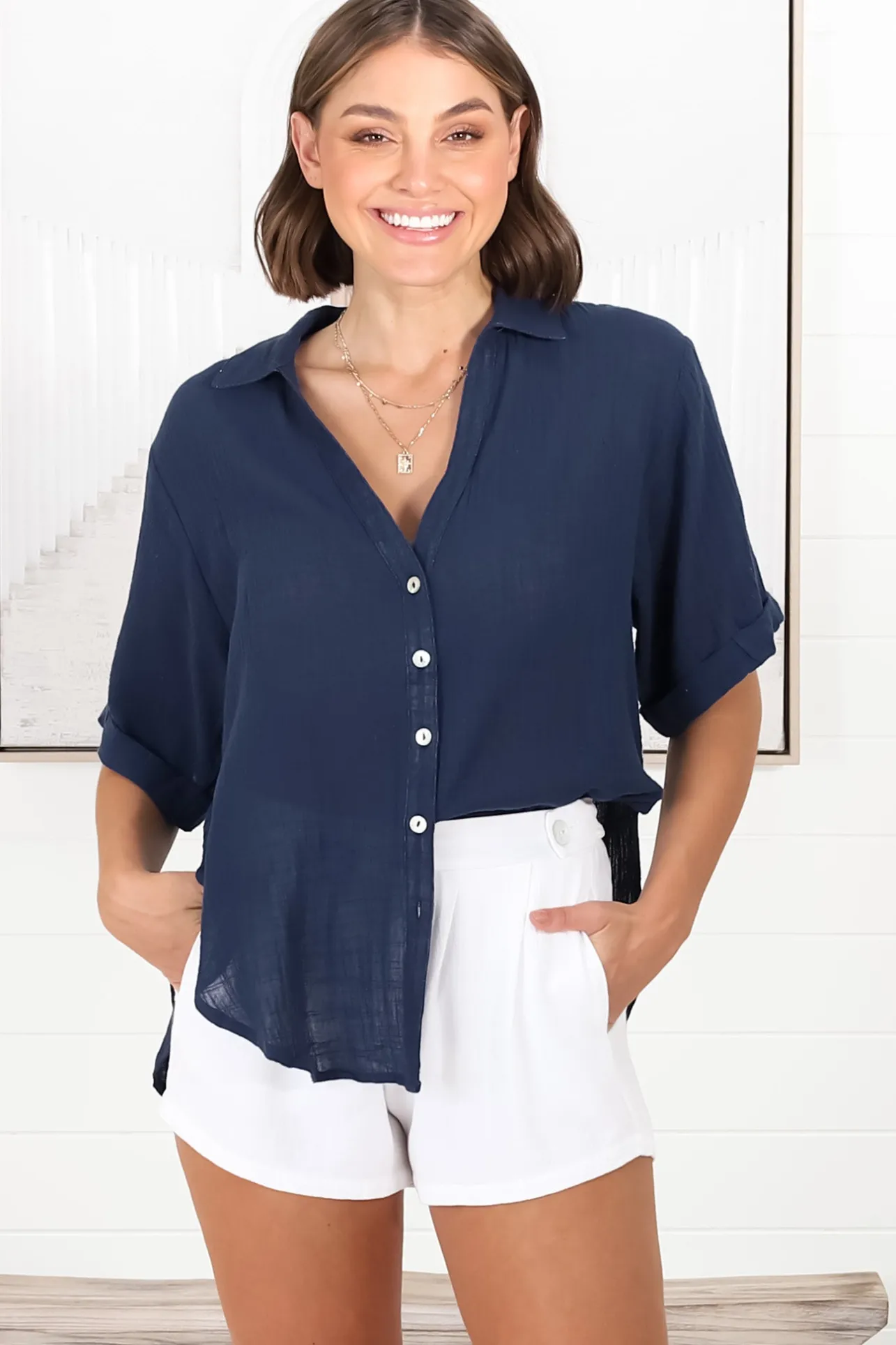 Shelly Shirt - Linen Collared Button Down Shirt in Navy>Salty Crush Online
