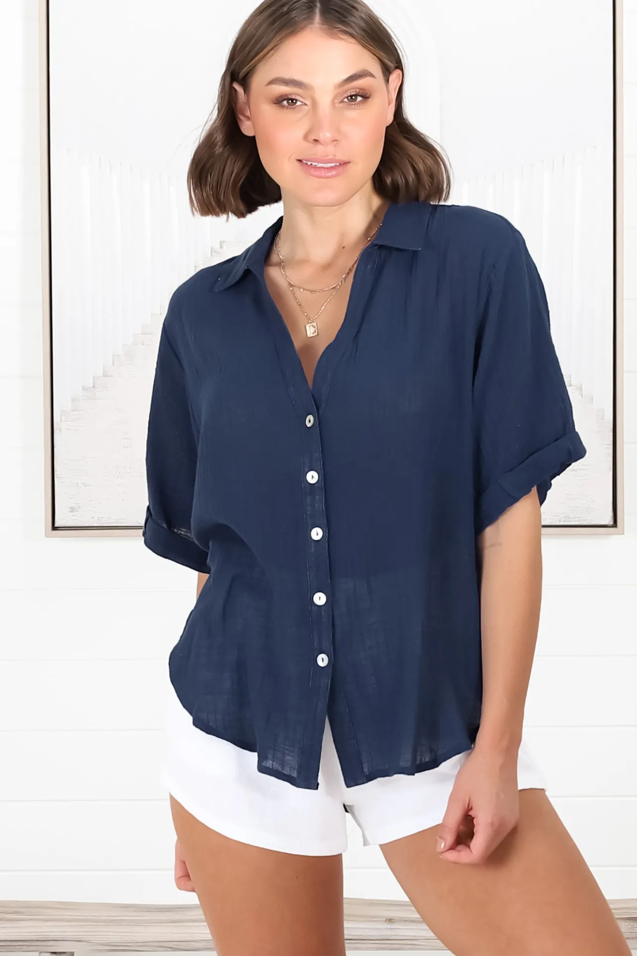 Shelly Shirt - Linen Collared Button Down Shirt in Navy>Salty Crush Online