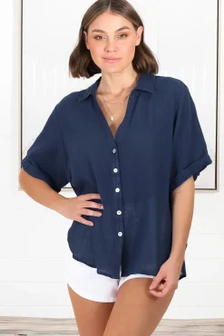 Shelly Shirt - Linen Collared Button Down Shirt in Navy><noscript><img width=