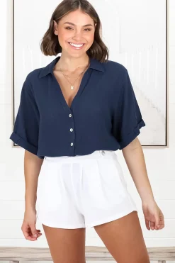 Shelly Shirt - Linen Collared Button Down Shirt in Navy><noscript><img width=