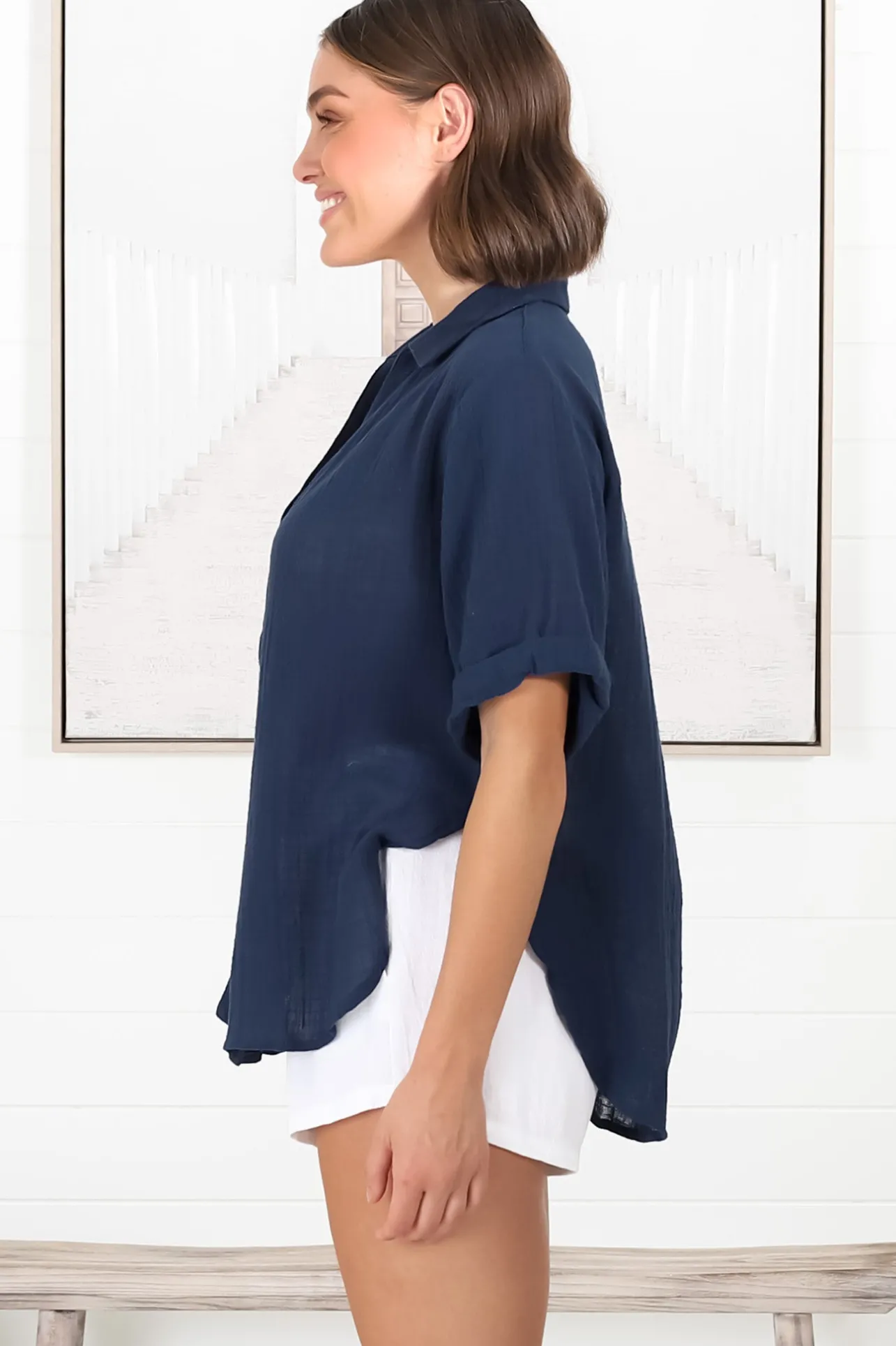 Shelly Shirt - Linen Collared Button Down Shirt in Navy>Salty Crush Online