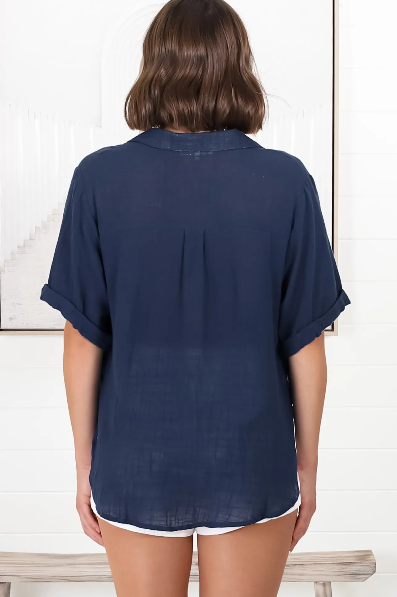Shelly Shirt - Linen Collared Button Down Shirt in Navy>Salty Crush Online