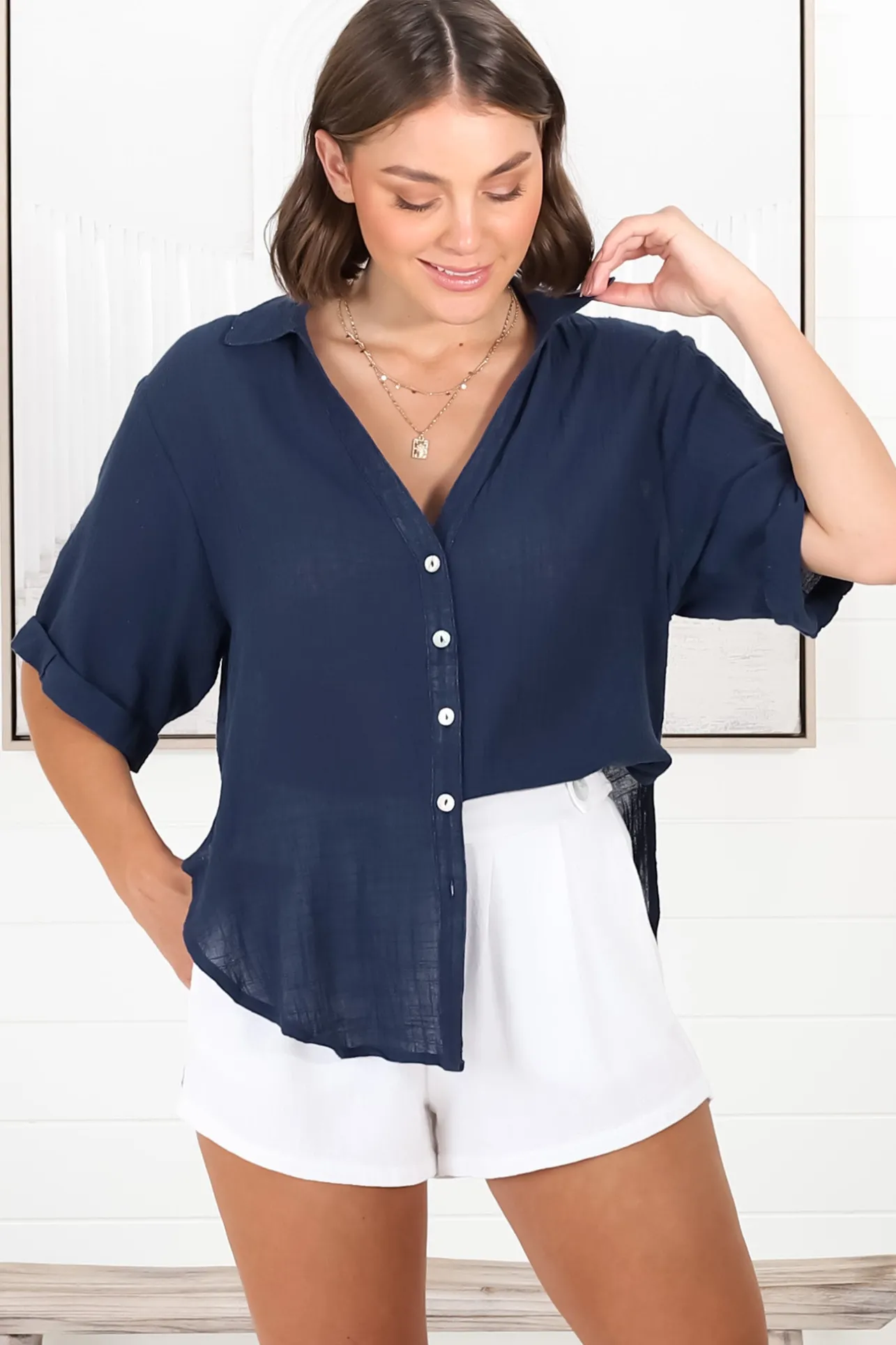Shelly Shirt - Linen Collared Button Down Shirt in Navy>Salty Crush Online