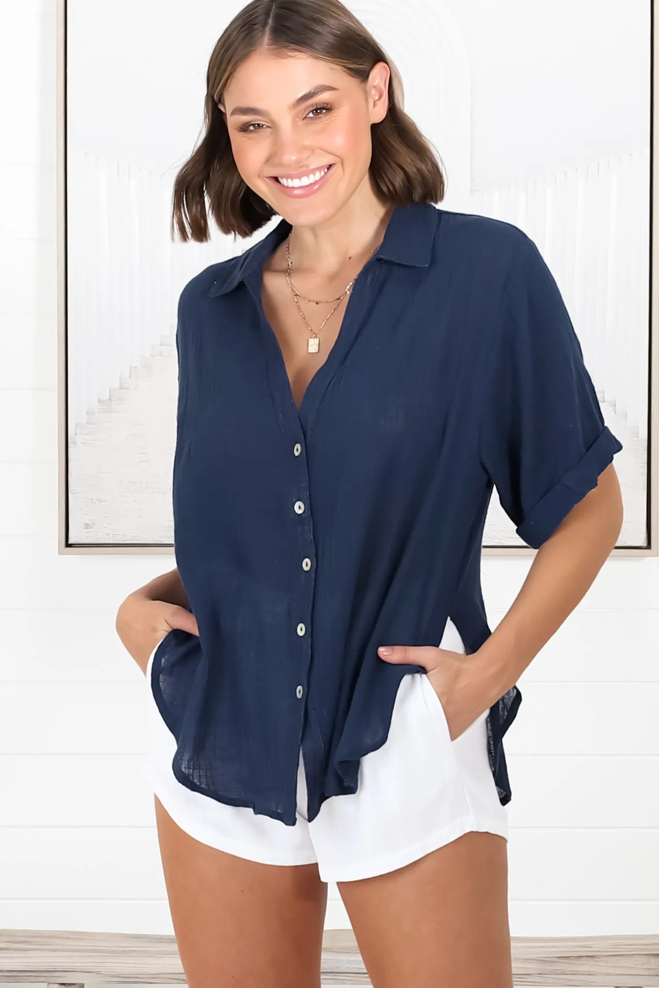 Shelly Shirt - Linen Collared Button Down Shirt in Navy>Salty Crush Online