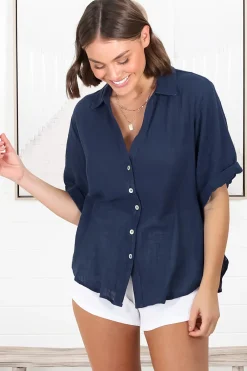 Shelly Shirt - Linen Collared Button Down Shirt in Navy><noscript><img width=