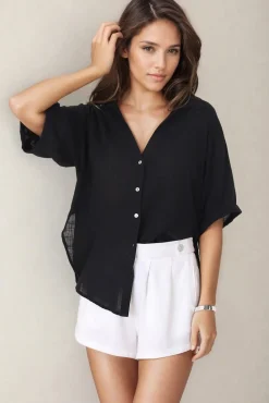 Shelly Shirt - Linen Collared Button Down Shirt in Black><noscript><img width=