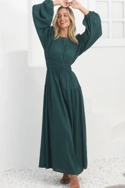 Sheyne Maxi Dress - Long Balloon Sleeve Elasicated Waist A Line Dress in Green><noscript><img width=