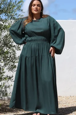 Sheyne Maxi Dress - Long Balloon Sleeve Elasicated Waist A Line Dress in Green><noscript><img width=