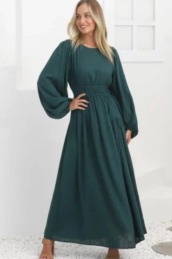 Sheyne Maxi Dress - Long Balloon Sleeve Elasicated Waist A Line Dress in Green><noscript><img width=