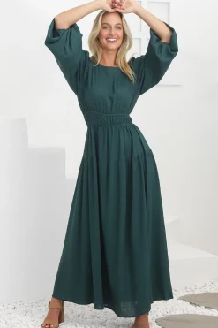 Sheyne Maxi Dress - Long Balloon Sleeve Elasicated Waist A Line Dress in Green><noscript><img width=