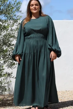 Sheyne Maxi Dress - Long Balloon Sleeve Elasicated Waist A Line Dress in Green><noscript><img width=